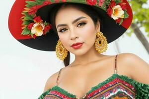 Portrait of a fashionable beautiful woman in traditional clothes wearing a hat photo