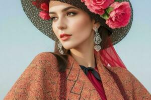 Portrait of a fashionable beautiful woman in traditional clothes wearing a hat photo