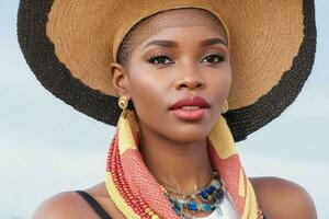 Portrait of a fashionable beautiful woman in traditional clothes wearing a hat photo