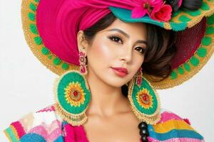 retrato de un de moda hermosa mujer en tradicional ropa vistiendo un sombrero foto