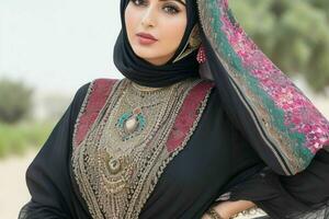 Portrait of a fashionable beautiful woman in traditional clothes wearing a hat photo