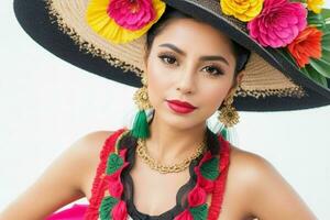 Portrait of a fashionable beautiful woman in traditional clothes wearing a hat photo