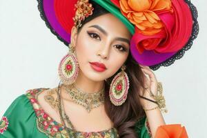 Portrait of a fashionable beautiful woman in traditional clothes wearing a hat photo