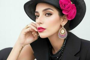 retrato de un de moda hermosa mujer en tradicional ropa vistiendo un sombrero foto