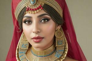 Portrait of a fashionable beautiful woman in traditional clothes wearing a hat photo