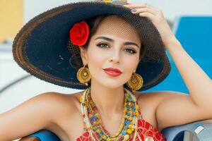 Portrait of a fashionable beautiful woman in traditional clothes wearing a hat photo