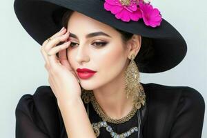 retrato de un de moda hermosa mujer en tradicional ropa vistiendo un sombrero foto