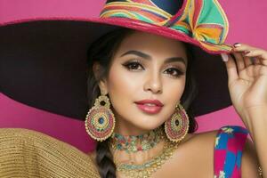 Portrait of a fashionable beautiful woman in traditional clothes wearing a hat photo