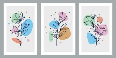 Collection of contemporary art posters in pastel colors. Abstract paper cut geometric elements and strokes, leaves and dots. Great deisgn for social media, postcards, print. vector