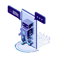 artificial inteligência em processamento dados em Smartphone tela. ai dentro a Formato do robô chegando Fora do a tela telefone e ofertas para usar digital mente. isométrico png