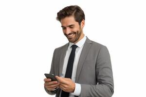 man with phone on white background. photo