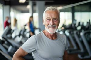 A mature senior man at gym. AI Generated photo