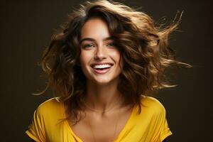 Closeup portrait of sexy young pretty female model with short disheveled brown hair with smiling face and blowing bubbles, posing in studio on yellow background. AI Generated photo