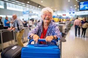 very happy old woman at airport terminal . photo