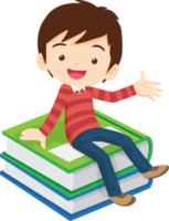 Cute child sitting on stack of books png