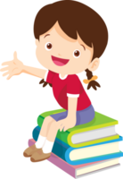 Cute child sitting on stack of books png