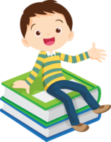 Cute child sitting on stack of books png