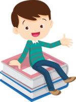 Cute child sitting on stack of books png