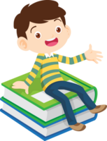 Cute child sitting on stack of books png