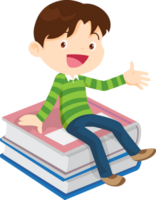 Cute child sitting on stack of books png