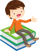 Cute child sitting on stack of books png