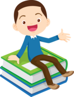 Cute child sitting on stack of books png