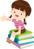 Cute child sitting on stack of books png