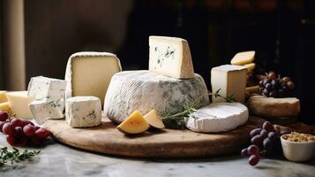 Generative AI, Different types of cheese on the table, aesthetic muted neutral colors photo
