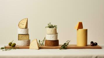 Generative AI, Different types of cheese on the table, aesthetic muted neutral colors photo