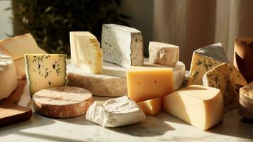 Generative AI, Different types of cheese on the table, aesthetic muted neutral colors photo
