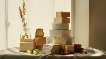 Generative AI, Different types of cheese on the table, aesthetic muted neutral colors photo