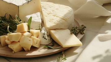 Generative AI, Different types of cheese on the table, aesthetic muted neutral colors photo