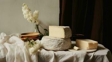 Generative AI, Different types of cheese on the table, aesthetic muted neutral colors photo