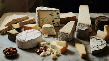 Generative AI, Different types of cheese on the table, aesthetic muted neutral colors photo