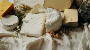 Generative AI, Different types of cheese on the table, aesthetic muted neutral colors photo
