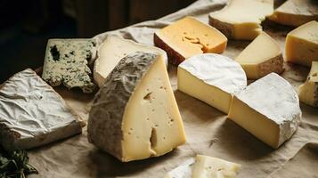 Generative AI, Different types of cheese on the table, aesthetic muted neutral colors photo
