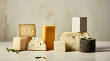 Generative AI, Different types of cheese on the table, aesthetic muted neutral colors photo