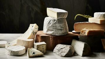Generative AI, Different types of cheese on the table, aesthetic muted neutral colors photo