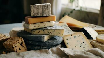Generative AI, Different types of cheese on the table, aesthetic muted neutral colors photo