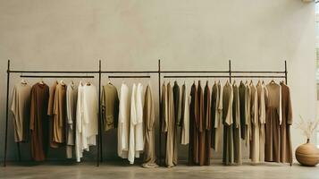 Generative AI, Cloth store aesthetic background, photo of clothes hanging on hangers, muted neutral colors