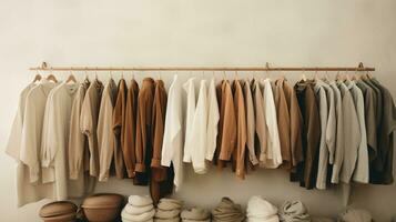 Generative AI, Cloth store aesthetic background, photo of clothes hanging on hangers, muted neutral colors