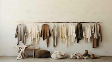 Generative AI, Cloth store aesthetic background, photo of clothes hanging on hangers, muted neutral colors