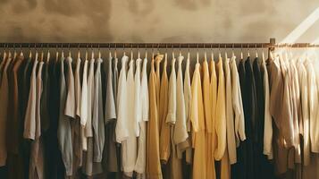 Generative AI, Cloth store aesthetic background, photo of clothes hanging on hangers, muted neutral colors