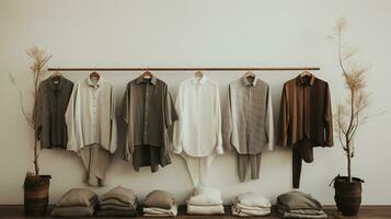 Generative AI, Cloth store aesthetic background, photo of clothes hanging on hangers, muted neutral colors