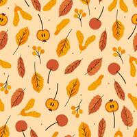 Seamless autumn pattern with mini apples, leaves, seeds and berries. Vector graphics.