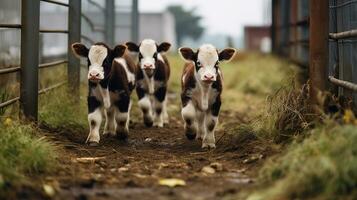 generativo ai, pequeño terneros mirando a el cámara en un granja, bebé vacas foto