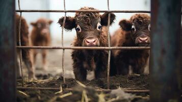 generativo ai, pequeño terneros mirando a el cámara en un granja, bebé vacas foto