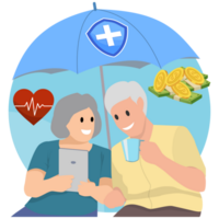 Elderly health protect life. Happy senior couple select protect health and life app from Tablet png