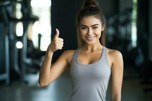 Smiling Woman, fitness and thumbs up to health, workout and training to live an active, wellness and healthy lifestyle with gym. Personal trainer. AI Generated photo