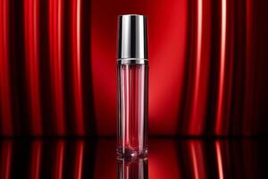 Metallic tube for hand cream, photographic style, red background. AI Generated photo